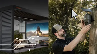 A split hero image from CES 2026 shows a Jackery smart outdoor living structure with built-in power and entertainment alongside a Defend solar-powered security camera being installed outdoors.