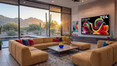 A living room setting with a bright TV on the wall