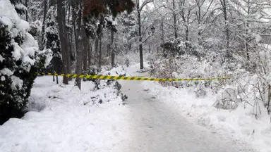 Piece of barrier tape in a snowy forest blocking entry