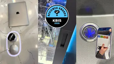 Collage of award-winning kitchen and bath products at KBIS 2026, including embedded wireless charging, advanced dishwasher technology, and antimicrobial disposal lighting.