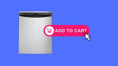 A dishwasher on a blue background with an "add to cart" button