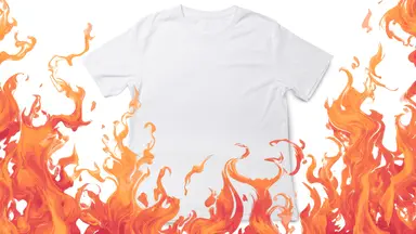 A white t-shirt on a white background has flames leaping over it
