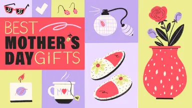 A cartoon graphic of several shopping and present boxes surrounding a vase of flowers.
