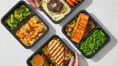 Prepared meals for one person arranged in portioned containers, featuring salmon, shrimp, chicken, steak, and vegetables for balanced single-serve dining.