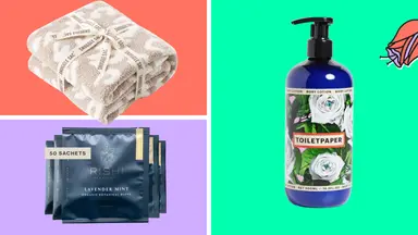 A blanket, tea bags and a body lotion pump on a tri-color background