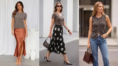 Clothes for mom featuring three stylish outfits, including a satin skirt set, a floral midi skirt look, and a casual jeans-and-top combination.