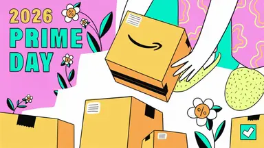 An illustration of a person picking up an Amazon package from her doorstep and then the words 2026 Prime Day Prime Day