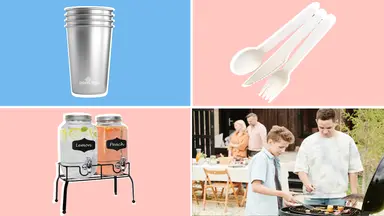 Steel reusable cups, recyclable utensils, drink dispenser with drinks inside, family of four barbecuing outdoors.