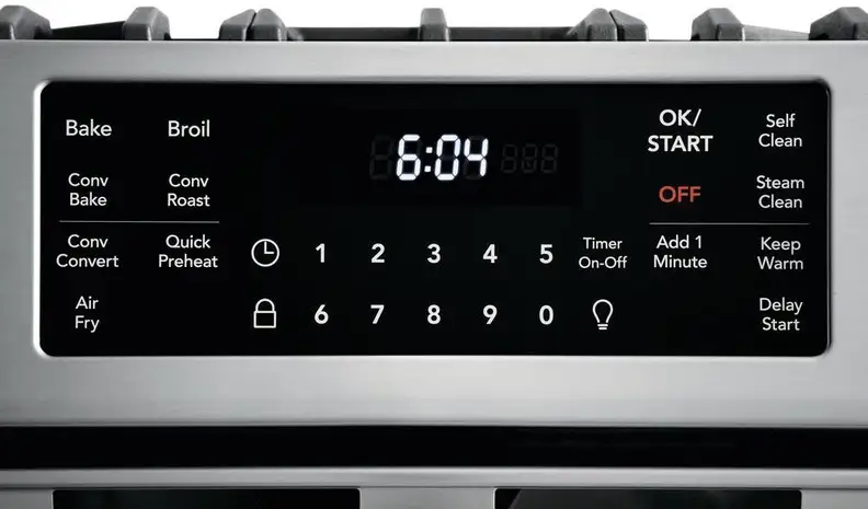 The control panel for the Frigidaire FGGH3047VF gas range.