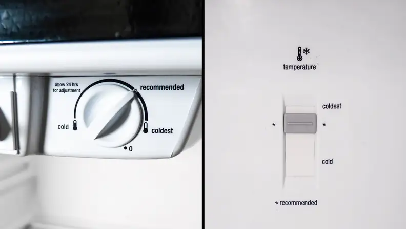 A side-by-side of the Frigidaire FFTR2021TS's refrigerator and freezer controls. The refrigerator control is a knob with the labels 
