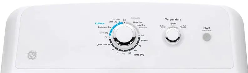 A close-up of the controls on the GE GTD33EASKWW front-loading dryer.