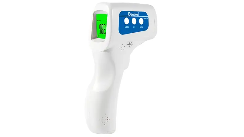 An image of a no-contact thermometer with the reading 98.2 degrees on the screen.
