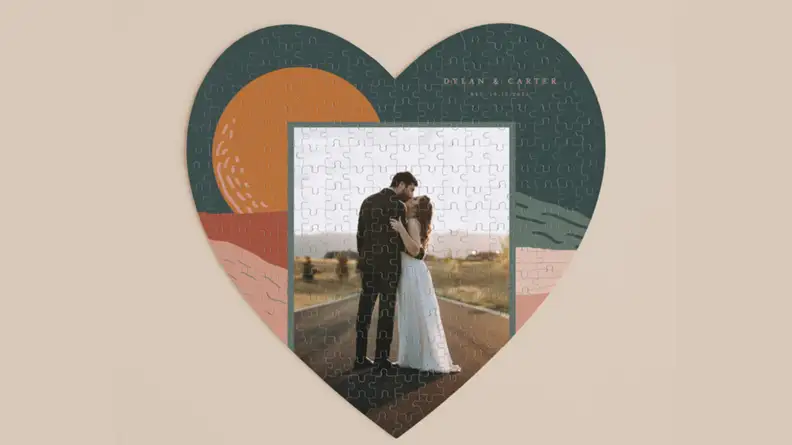 wedding couple photo on a heart shaped puzzle