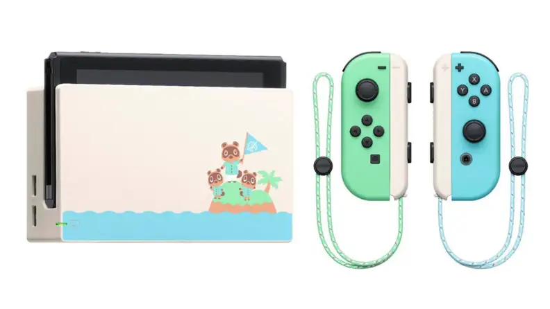 Animal crossing nintendo switch with controllers on white background.