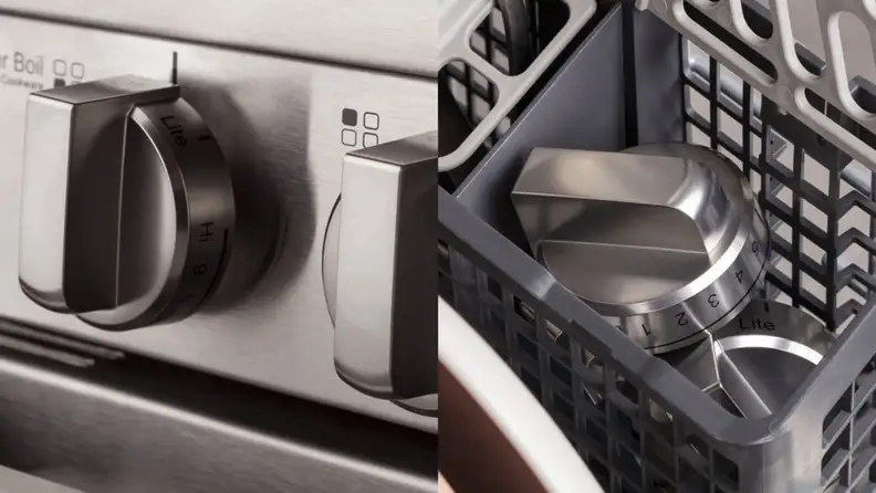Left: Knobs on an oven. Right: Oven knobs in the basket of a dishwasher preparing to be washed.