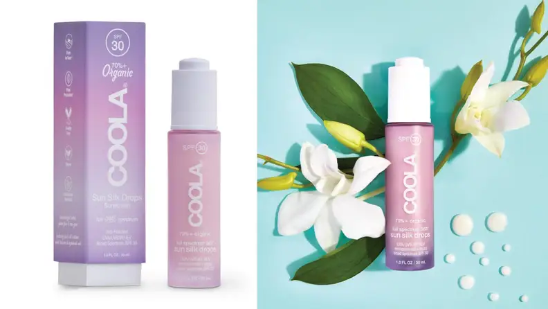 On left, product shot of pink and purple bottle of full spectrum sun silk drops. On right, pink and purple bottle of full spectrum sun silk drops in front of white flowers and drops of the product.