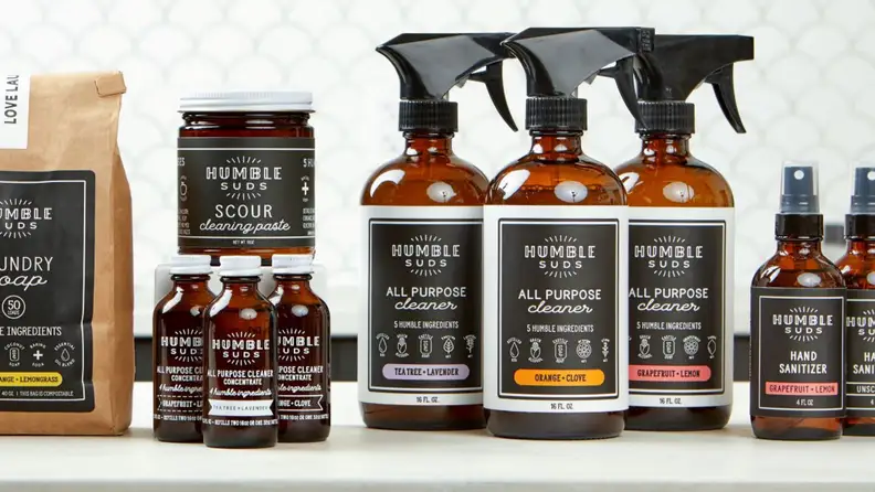Product shot of Humble Suds cleaning products lined up.