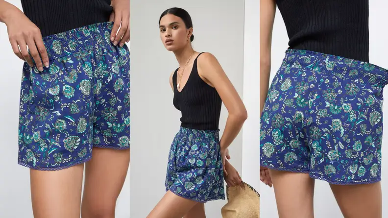 women wearing blue patterned shorts