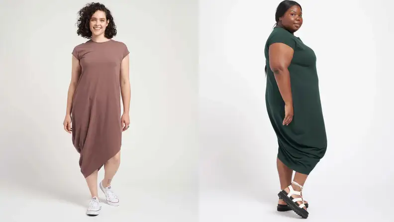 two women wearing dresses one facing the camera one facing to the side looking at the camera like a fashionable full body mug shot