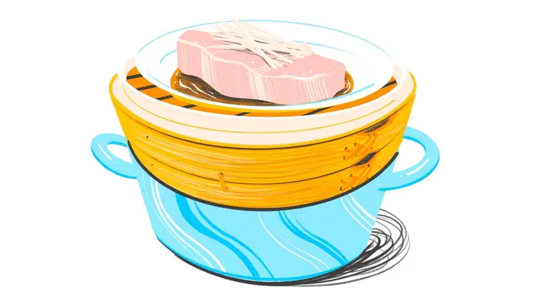 An illustration of a steamer basket topped with fish on a plate sits uncovered on a pot of steaming water on the stove.
