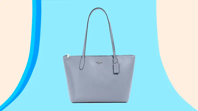 Pastel blue leather top handle purse from Coach.