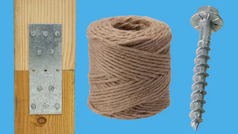 On left, wooden two by being held together metal bracket. In middle, tan twine ball. On right, silver screw.