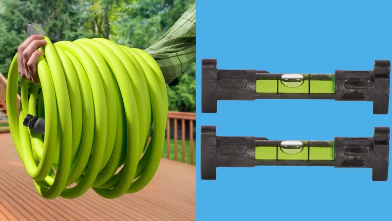 On left, neon green hose being held on someone's arm. On right, leveling tools.