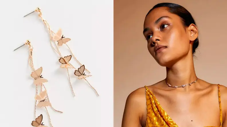 A split of gold butterfly earrings on a pink background and a woman wearing a yellow dress and a silver butterfly choker