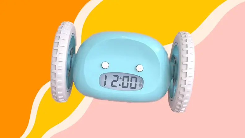 Blue alarm clock with wheels on both sides.