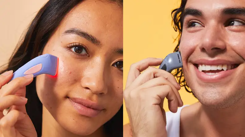 On left and right, man and woman using light therapy tool.
