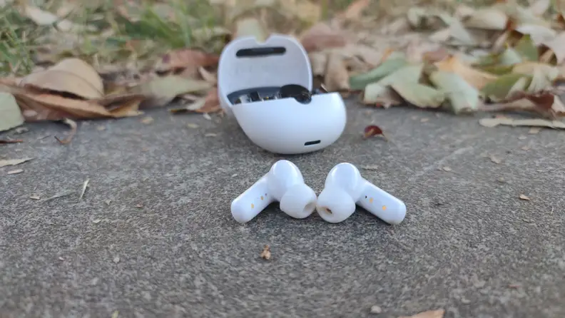 A pair of earbuds on a driveway in front of the charging case