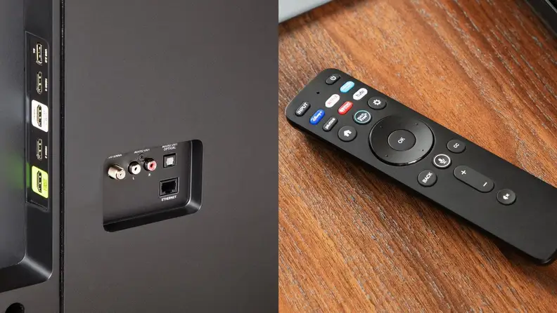 Close-up shots of the connectivity features located in the back of the TV and the remote.