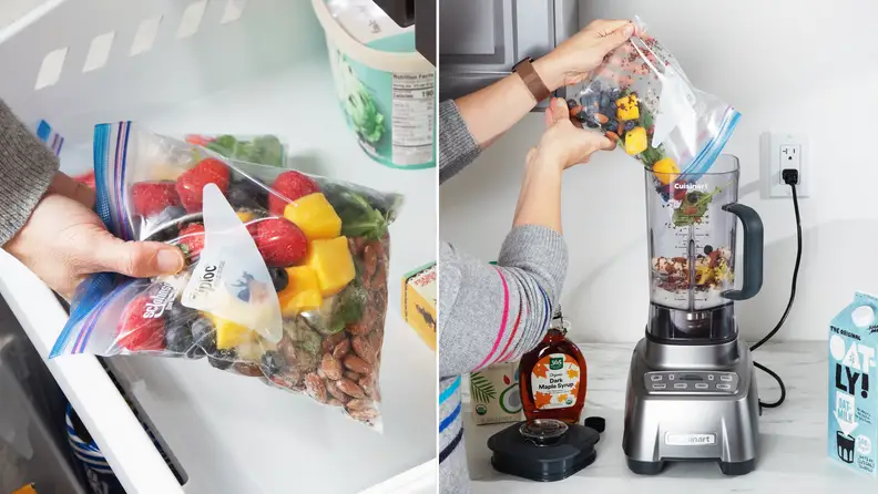 Left: Adding bag of smoothie ingredients to freezer. Right: Adding bag of smoothie ingredients to blender.