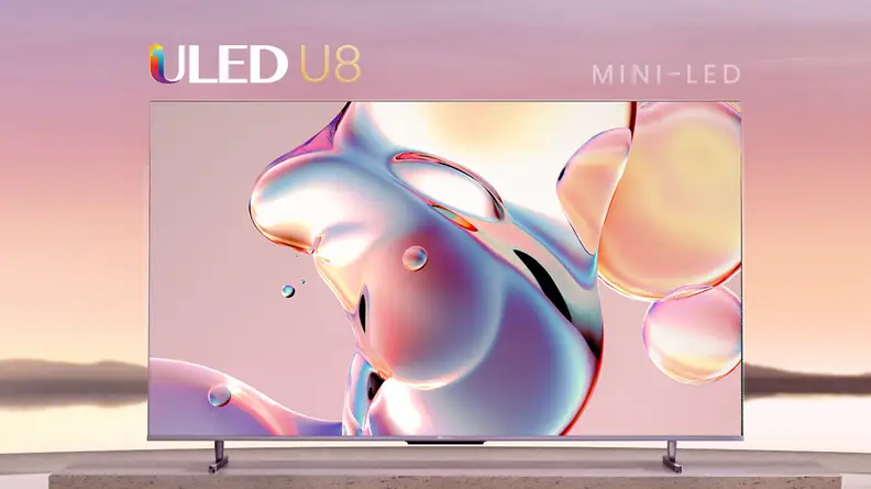 The Hisense U8K 4K ULED TV staged in a futuristic living room setting