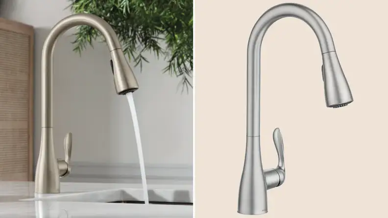 Moen Georgene Kitchen Faucet in modern kitchen setting. On right, product shot of the stainless faucet.