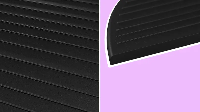 On left, close up shot of the rubber material used for the Rampit Empower Series Rubber Threshold Ramp. On left, product shot of the curved ramp on the Rampit Empower Series Rubber Threshold Ramp.