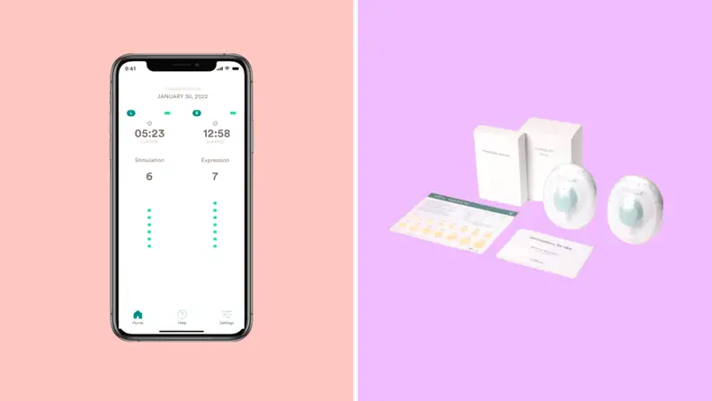 On right, smartphone featuring the Willow Go application. On right, Willow Go breast pump next to instruction booklet.