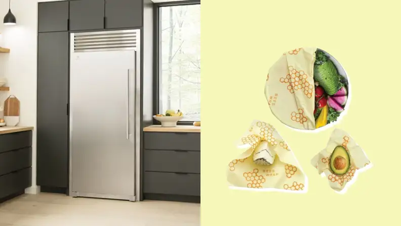 Left: Electrolux single-door refrigerator in a kitchen. Right: product shots Bee's Wrap Beeswax wrap.