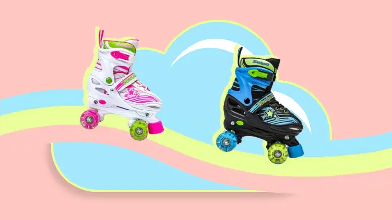 Two roller skates on a rainbow.