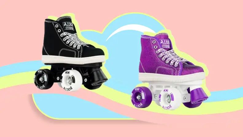 A black and a purple roller skate on a rainbow.