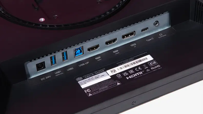 Product shot of the back port panel on the Cooler Master Tempest GP27Q gaming monitor.