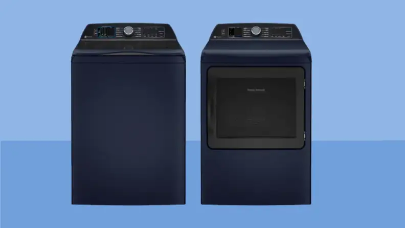 The GE Profile PTW900BPTRS washing machine and GE PTD90EBPTRS dryer side by side in a white void