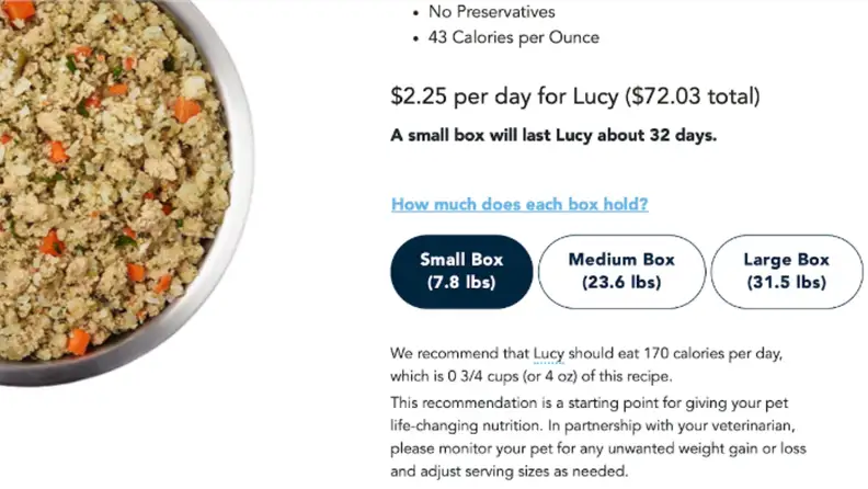 web screenshot of portion sizes
