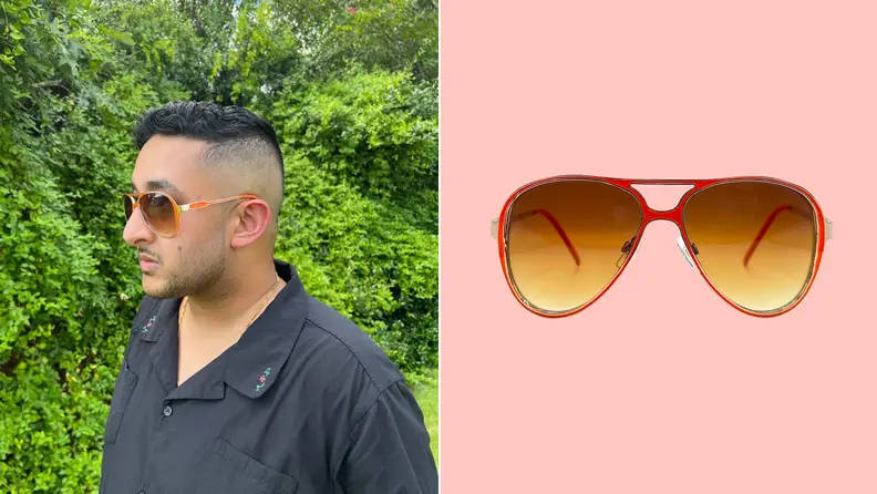 The author wearing orange aviator sunglasses, and a product shot of the same style.