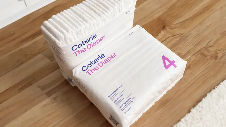 A Coterie package of diapers on a table.