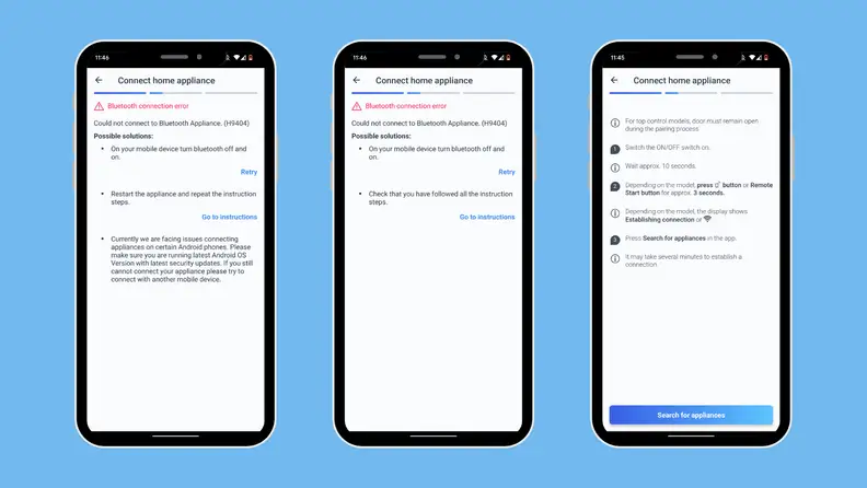 Screen captures of the Home Connect app failing to connect to the dishwasher. The first two screenshots outline "Bluetooth connection errors" and the third screenshot contains a series of instructions that also did not help us connect.
