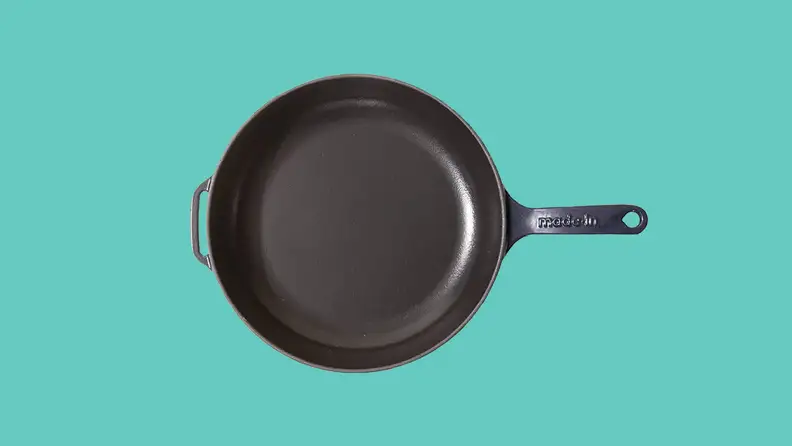 Made in cast iron skillet on a blue background