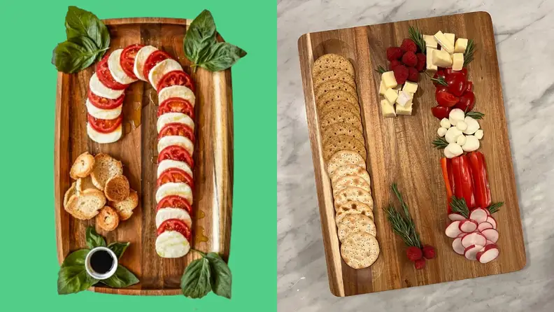 A cutting board with snacks making up the shape of a candy cane.