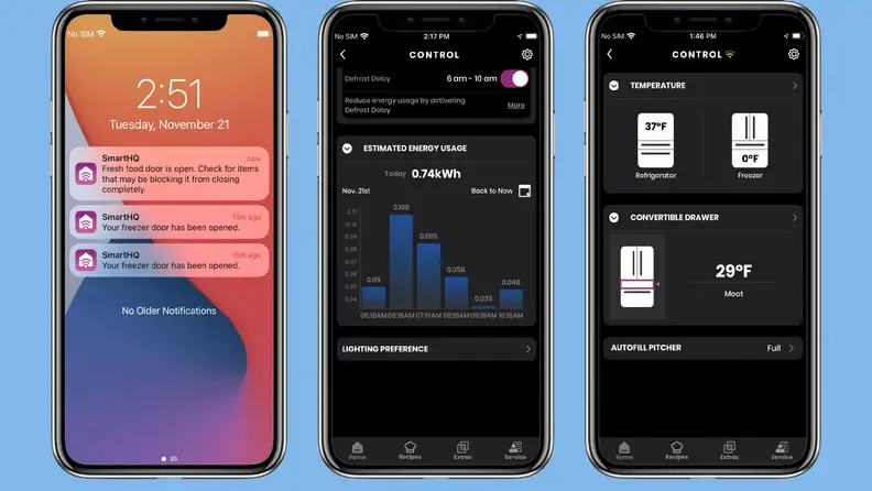 Image is a collage of three screenshots of the SmartHQ app in action. The first is a home screen with three different notification pop-ups, informing the user that various doors are open or not closed correctly. The second image shows the various compartments in the fridge and allows users to set temperatures for each individually. The final image shows energy usage statistics, broken down into kilowatt hours of electricity used each hour of the day.
