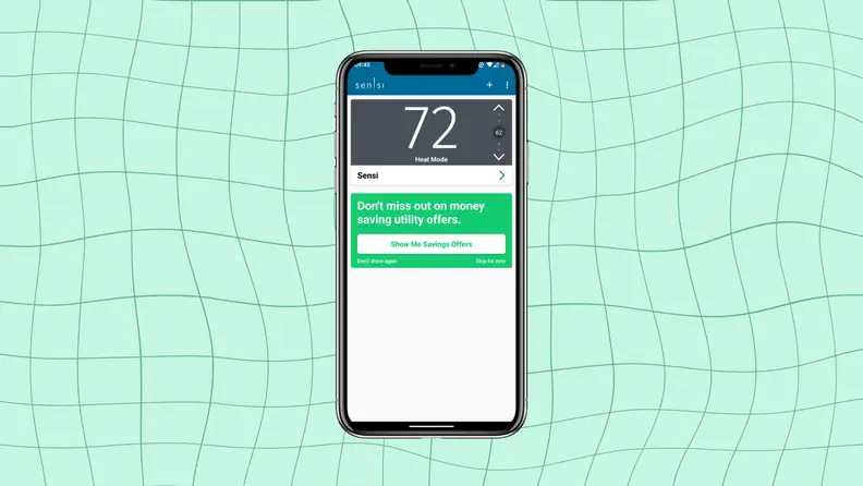 A screenshot of the Sensi app menu shows a pop up for savings offers.